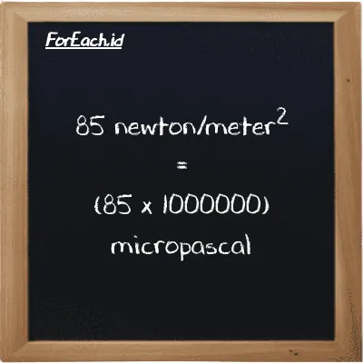 How to convert newton/meter<sup>2</sup> to micropascal: 85 newton/meter<sup>2</sup> (N/m<sup>2</sup>) is equivalent to 85 times 1000000 micropascal (µPa)